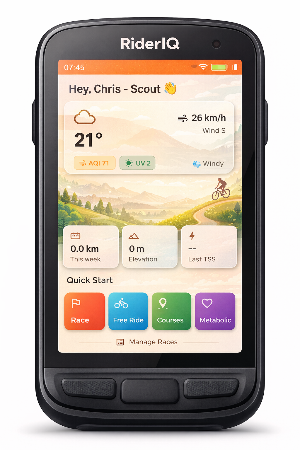RiderIQ app showing live weather, ride stats, and quick start actions